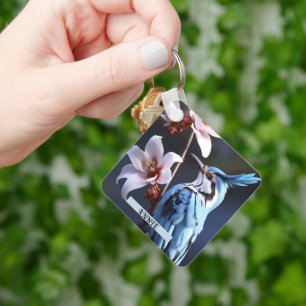 Porte-clés Bluejay et Fleurs Nom personnalisé