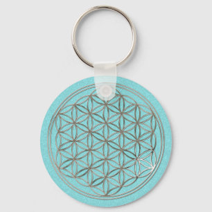 Porte-clés Blume des Lebens / Fleur de vie cyan argenté