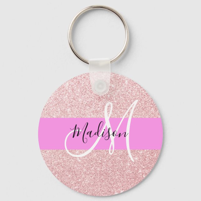 Porte-clés Blush Rose Glamour Or Glitter Monogramme (Recto)