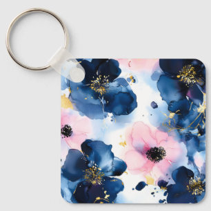 Porte-clés Blush Rose Gold Bleu Nuit Floral Aquarelle