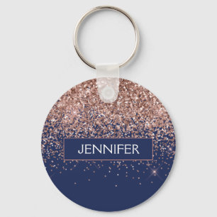 Porte-clés Blush Rose Gold Monogramme Paillettes Navy Blue