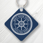 Porte-clés Boat name and hailing port nautical ship's wheel<br><div class="desc">Keychain featuring a white,  elegant ship's wheel and rope emblem with custom boat name and hailing port (or other custom text) on a dark blue background.</div>