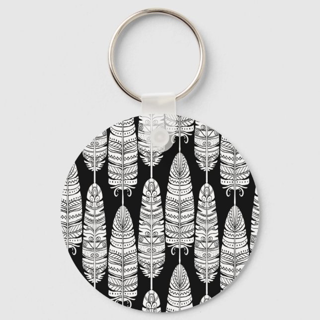 Porte-clés Boho plumes : motif noir et blanc (Recto)