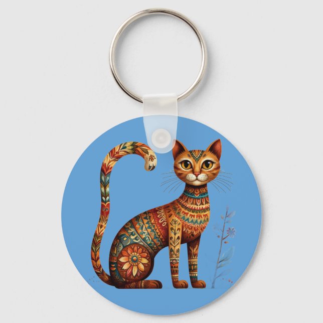 Porte-clés Boho Tribal Chat Mignon Art Populaire avec Fleurs (Recto)