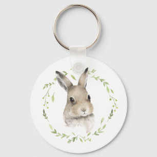 Porte-clés Bois Animaux Lapin Lapin Wreath Aquarelle