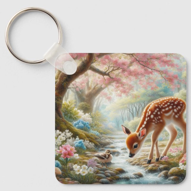 Porte-clés Bois de printemps avec canard et faon/cerf (Recto)