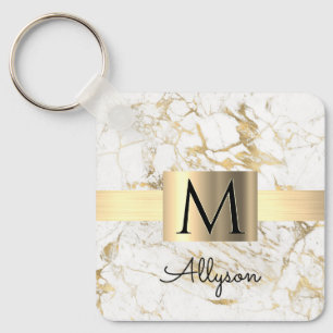 Porte-clés Boîte dorée en marbre blanc et or, monogramme de n