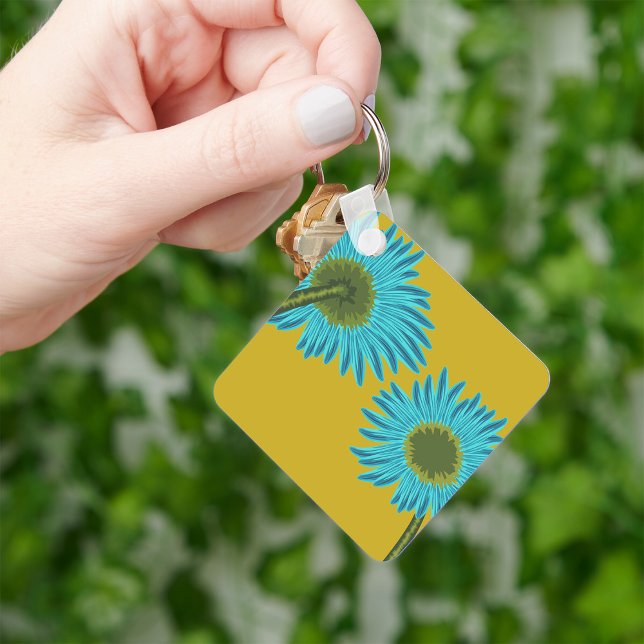 Porte-clés Bold Blue Daisy Art sur Mustard Yellow Arrière - p (Créateur téléchargé)