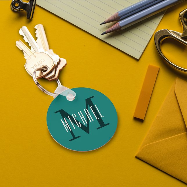 Porte-clés Bold Monogram Initial & First Name Blue Teal (Créateur téléchargé)