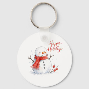 Porte-clés Bonhomme de neige à l'aquarelle avec écharpe rouge