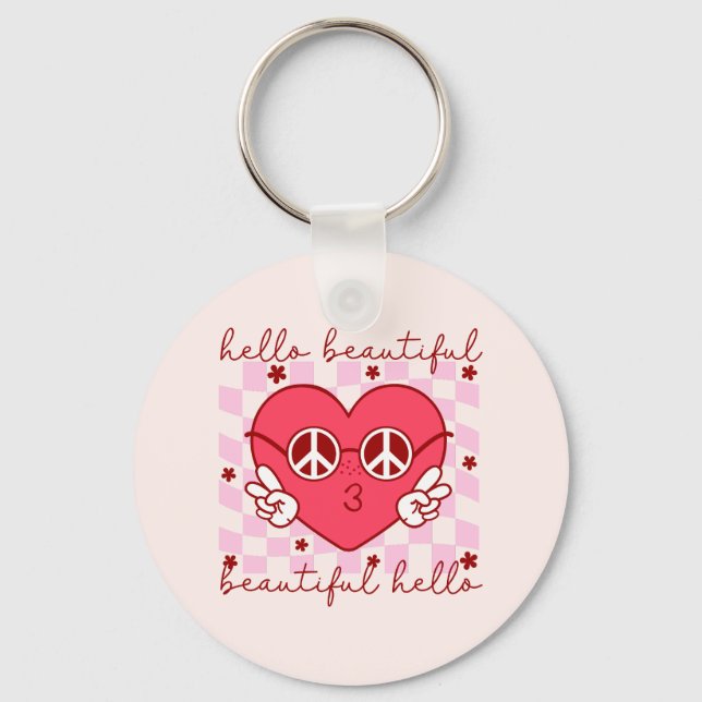 Porte-clés Bonjour Beau Coeur Rose (Recto)