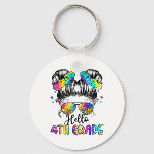 Porte-clés Bonjour fille de 4e année avec chignon de cheveux 