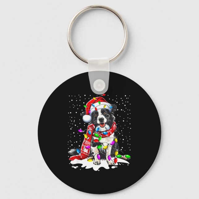Porte-clés Border Collie Chien Éclairant Noël Chapeau de Père (Recto)
