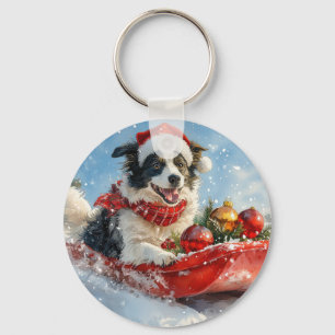 Porte-clés Border Collie Chien en Luge Laissez Tomber la Neig