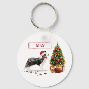 Porte-clés Border Collie Drôle de Noël Chien avec Arbre