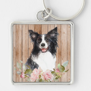 Porte-clés Border Collie & Fleurs à l'aquarelle 