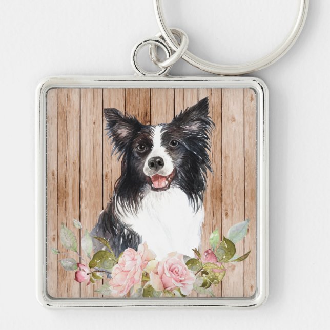 Porte-clés Border Collie & Fleurs à l'aquarelle  (Devant)