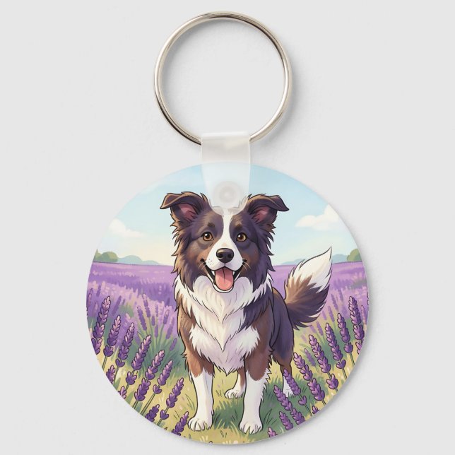 Porte-clés Border Collie Heureux Champ de Lavande (Recto)