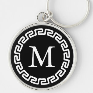 Porte-clés Bordure clé grecque ronde noire et blanche Monogra