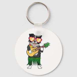 Porte-clés Bordure Collie Costume hawaïen Jouer Ukulele Sum