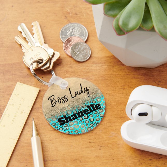 Porte-clés Boss Lady Glittery Turquoise Leopard Personnalisé (Bureau)