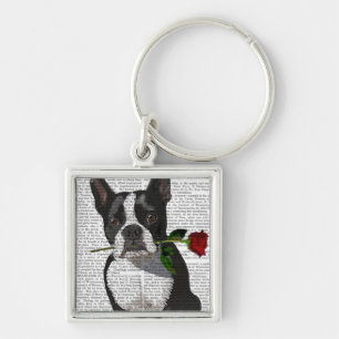 Porte-clés Boston Terrier avec Rose dans la bouche