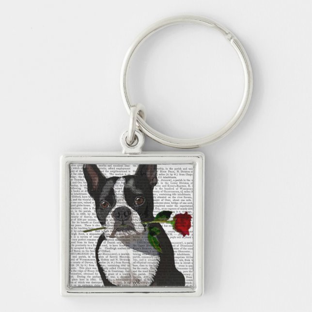 Porte-clés Boston Terrier avec Rose dans la bouche (Devant)