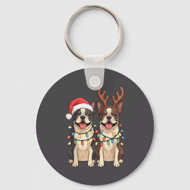 Porte-clés Boston Terrier Christmas Santa Hat Reindeer Lights (Recto)