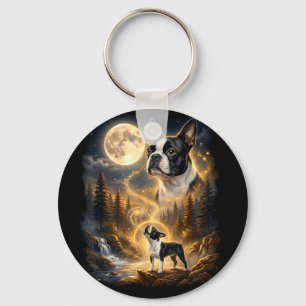 Porte-clés Boston terrier hurlant à la lune rétro