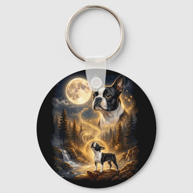 Porte-clés Boston terrier hurlant à la lune rétro  (Recto)