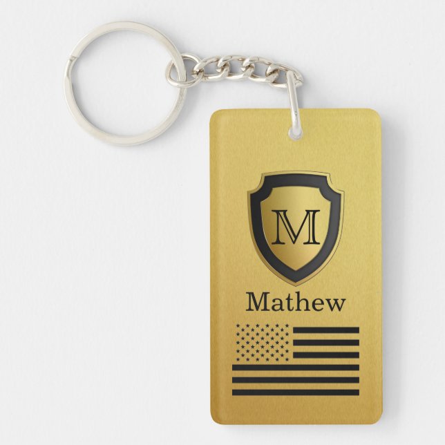 Porte-clés Bouclier d'or noir Drapeau américain Monogramme No (Devant)