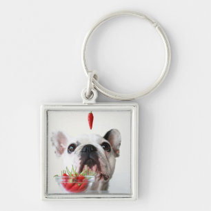Porte-clés Bouledogue français regardant un poivron rouge