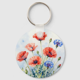 Porte-clés Bouquet de coquelicot rouge aquarelle et de bleuet