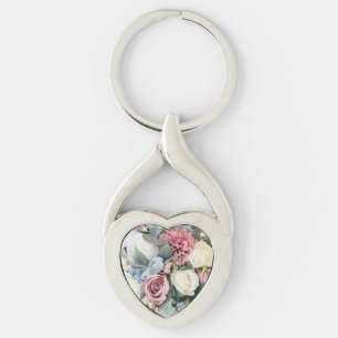 Porte-clés Bouquet de fleurs pastel en forme de cœur