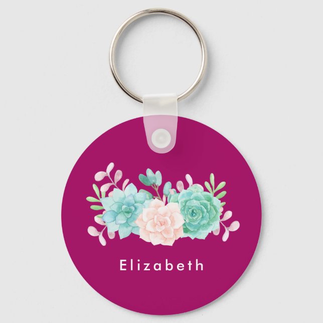 Porte-clés Bouquet de fleurs rose et vert Pastel sur Magenta  (Recto)