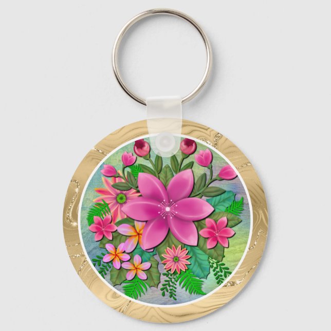 Porte-clés Bouquet de fleurs rose tropical élégant (Recto)