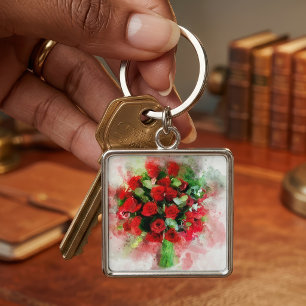 Porte-clés Bouquet de roses rouges aquarelle sur fond blanc