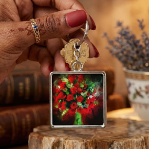 Porte-clés Bouquet de roses rouges aquarelle sur fond noir