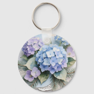 Porte-clés Bouquet d'hortensias bleus Aquarelle Sérénité