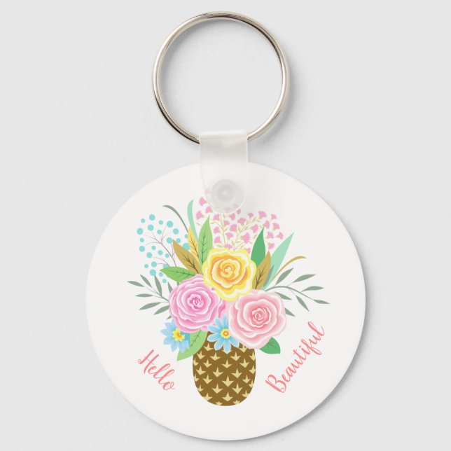 Porte-clés Bouquet Rose Ananas Bonjour Belle rose Jaune Rose (Recto)