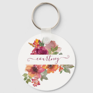 Porte-clés Bourgogne et floral aquarelle orange personnalisé