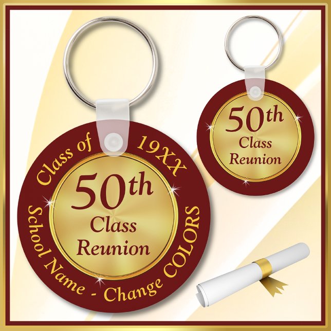 Porte-clés Bourgogne et or, 50e classe de la Réunion : (Maroon and Gold, 50th Class Reunion Gifts. 50 year class reunion ideas. 50th class reunion favors. )