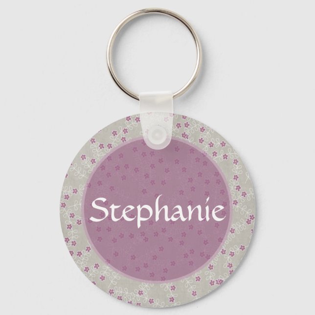 Porte-clés Bouton de nom personnalisable à fleurs violettes P (Recto)