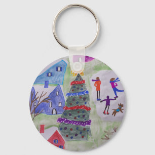 Porte-clés Bouton de touche du village de Noël