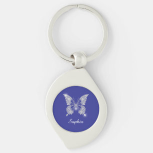 Porte-clés Bouton Diamant Blanc, Nom du script, Bleu Profond