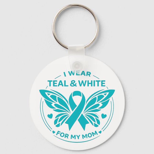 Porte-clés Bouton Je Porte le Turquoise & Blanc pour Ma Mère (Recto)