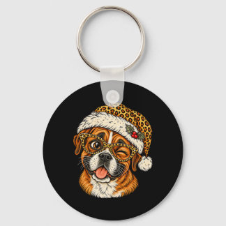 Porte-clés Boxer de Noël drôle avec chapeau de Santa léopard
