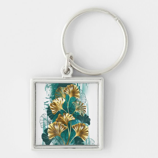 Porte-clés Branche avec feuilles dorées Ginko Biloba (Devant)