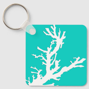 Porte-clés Branche de corail - blanc sur turquoise