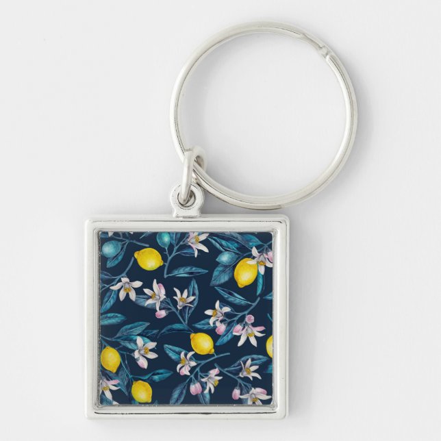 Porte-clés Branches de citron avec fleurs et fruits sur le bl (Devant)